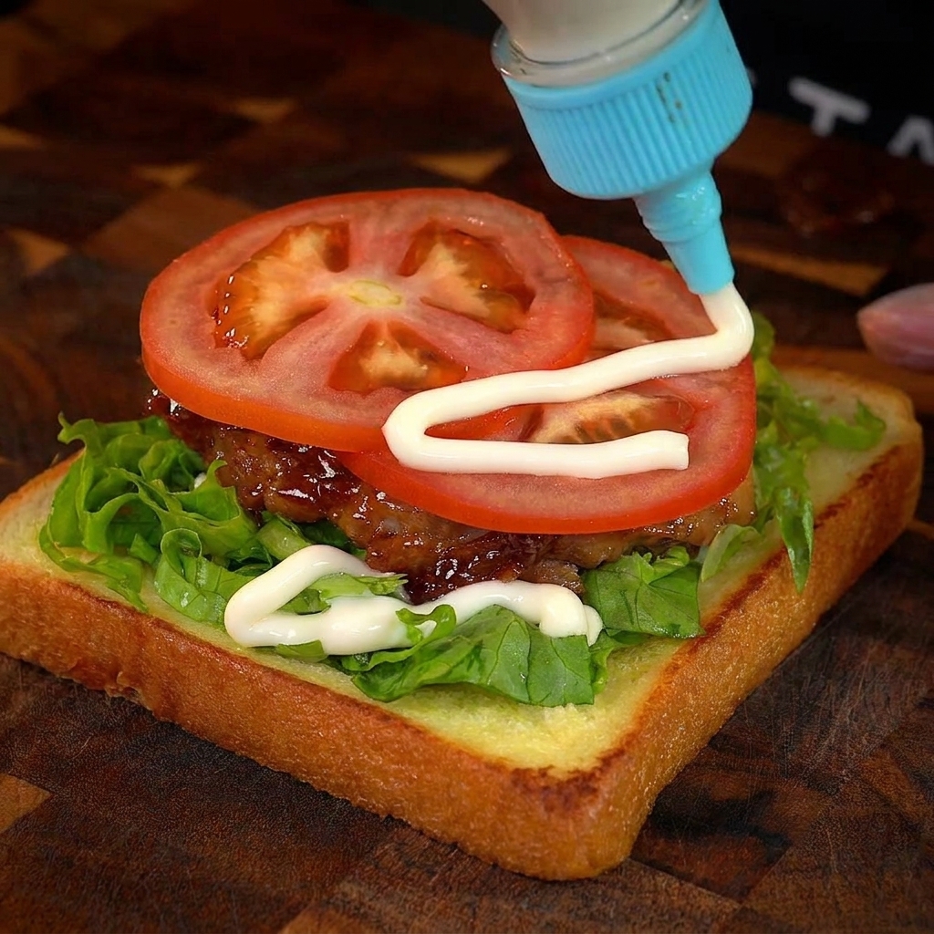 Tranches de tomate et mayonnaise ajoutées sur le poulet laqué.