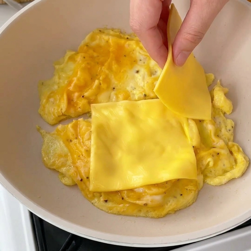 Une main déposant une tranche de fromage jaune sur des œufs brouillés encore brillants et légèrement baveux dans une poêle.