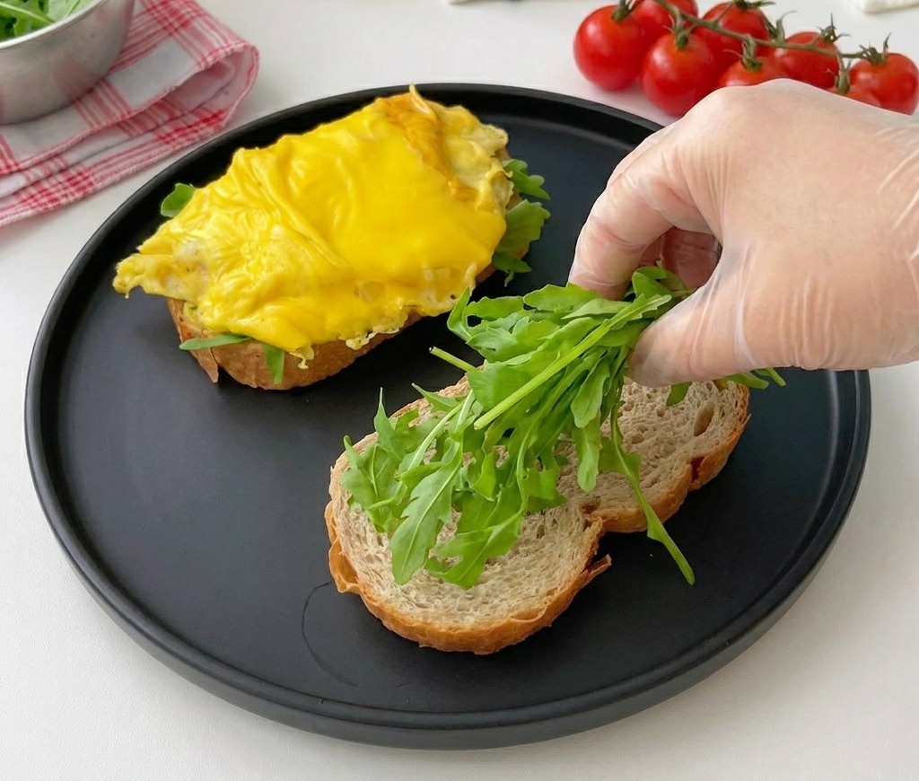 Une main gantée déposant un bouquet de roquette fraîche sur des tranches de pain grillé posées dans une assiette noire mate.