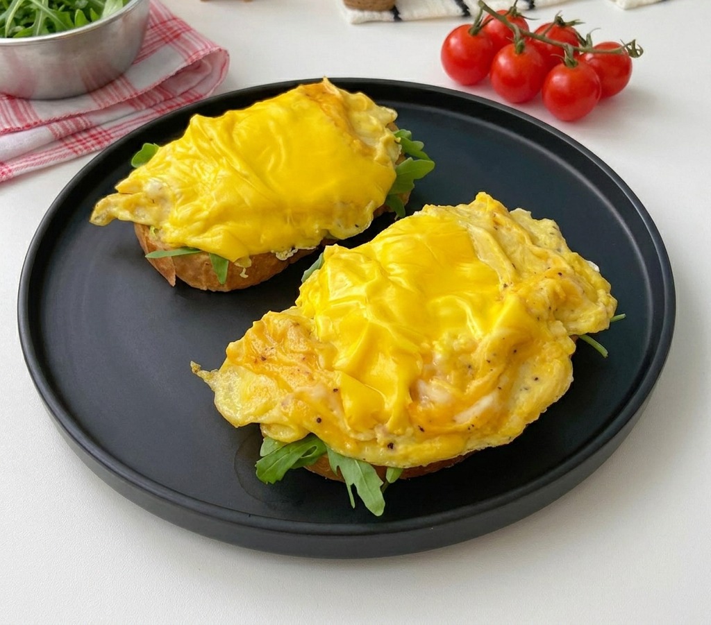 Deux tranches de pain grillé sur une assiette noire, garnies de roquette et de généreuses portions dœufs brouillés au fromage fondu.