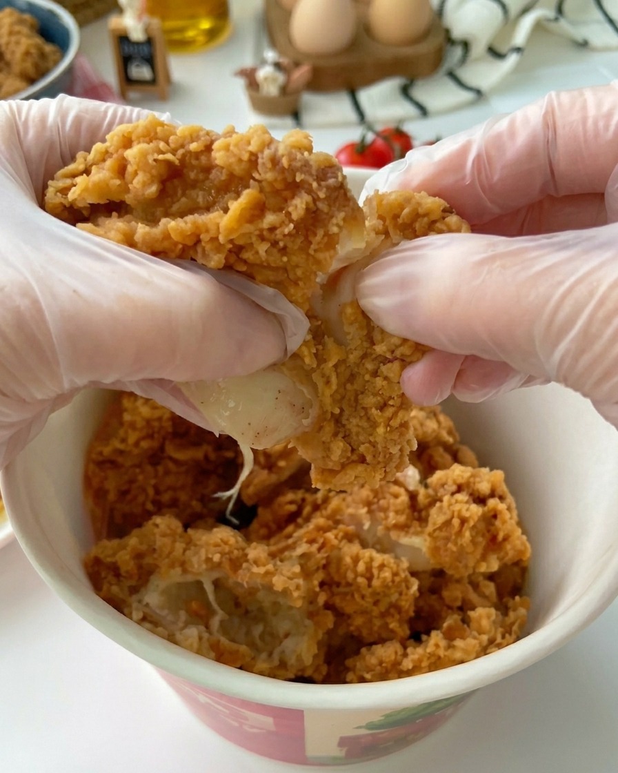 Deux mains gantées déchirant un gros morceau de poulet frit doré et croustillant, révélant une viande blanche juteuse.