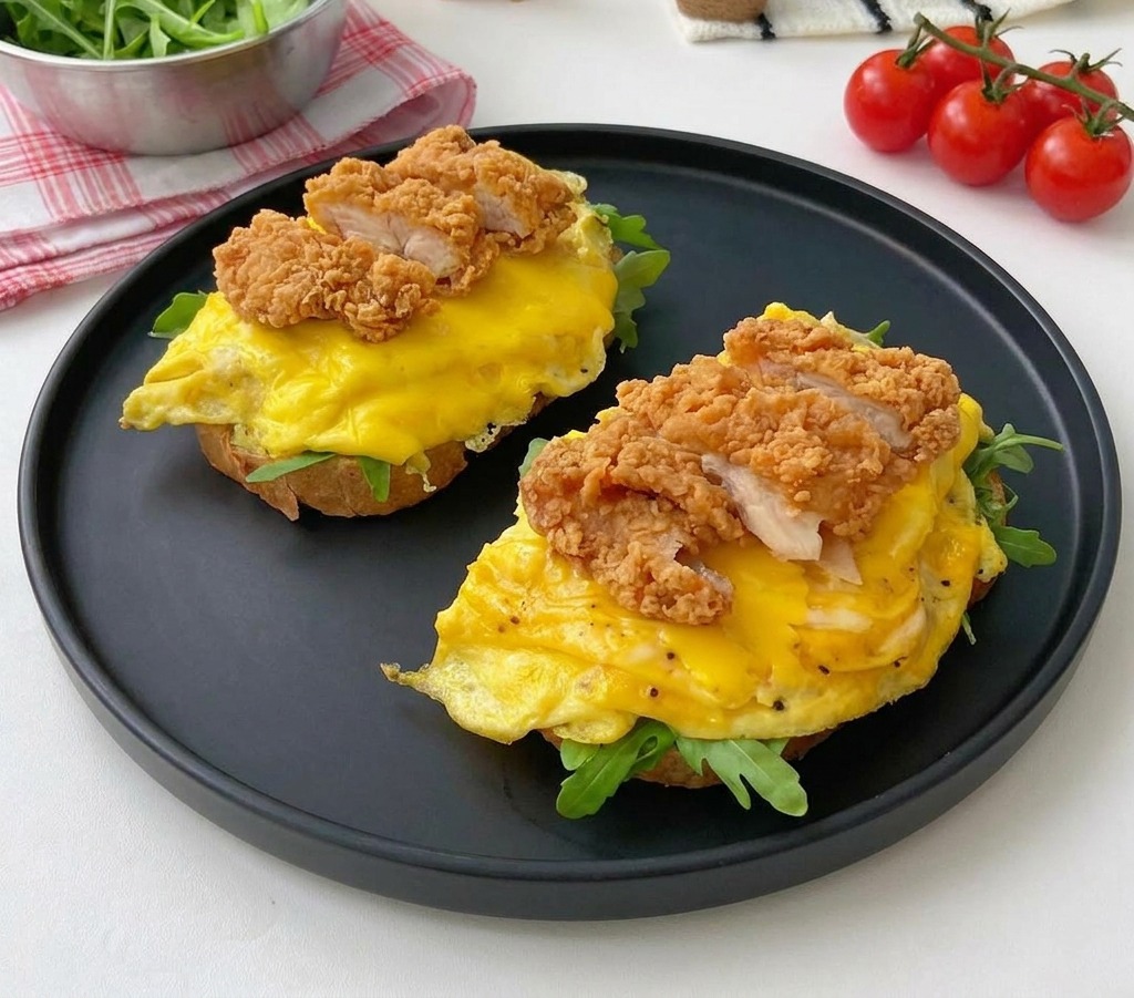 Gros plan sur deux toasts ouverts sur une assiette noire, avec pain grillé, roquette, œufs au fromage et une pile de poulet frit effiloché.