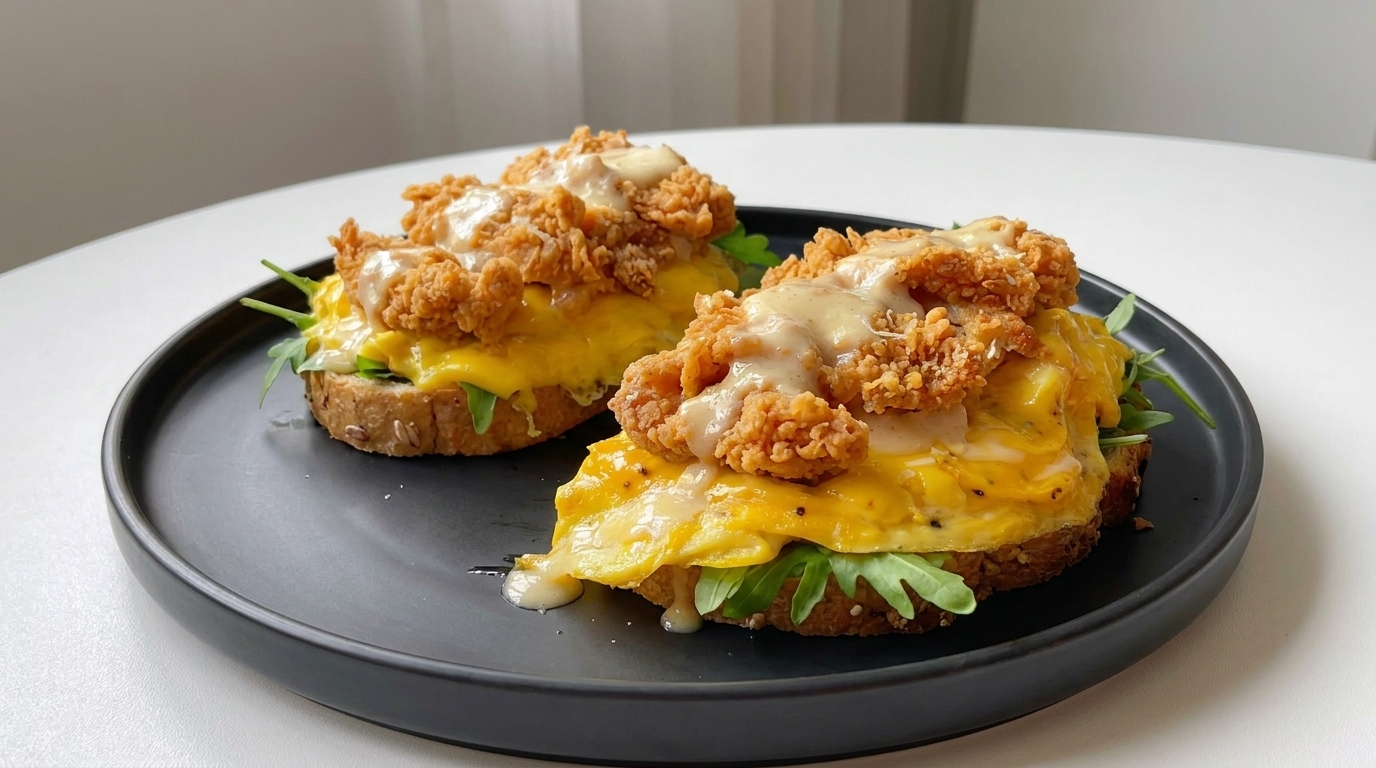 Toast au Poulet Frit Croustillant et Œufs Crémeux au Fromage