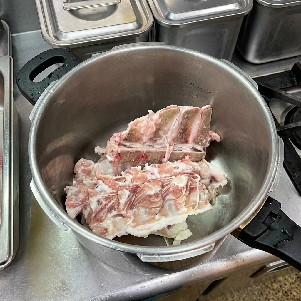 Os de porc crus dans un grand autocuiseur en inox.