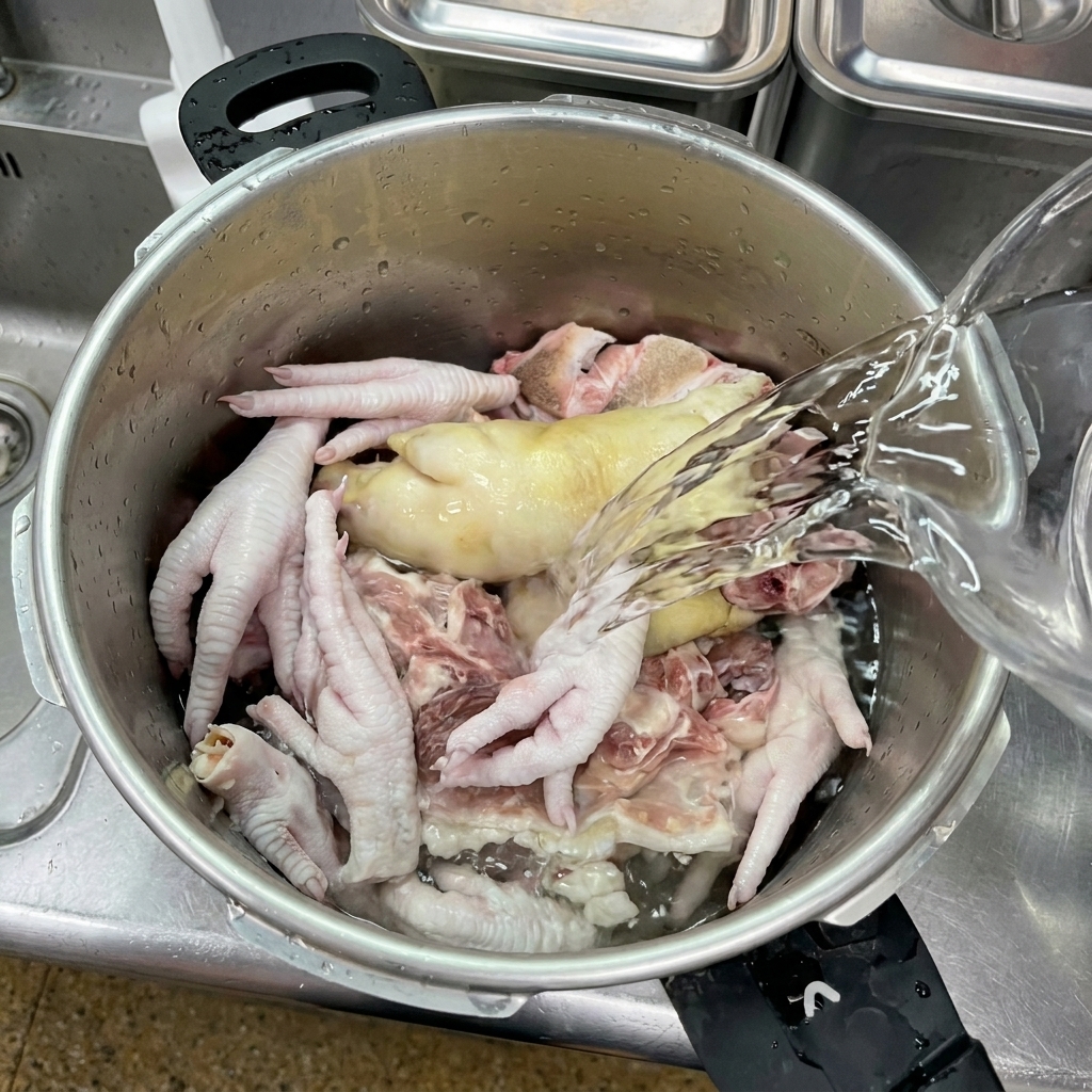 De leau claire versée sur les pattes de poulet, le pied de porc et les os de porc.