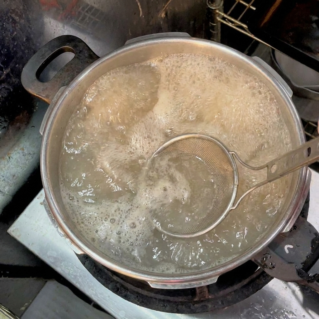 Une passoire filtrant lécume brune à la surface de leau bouillante.