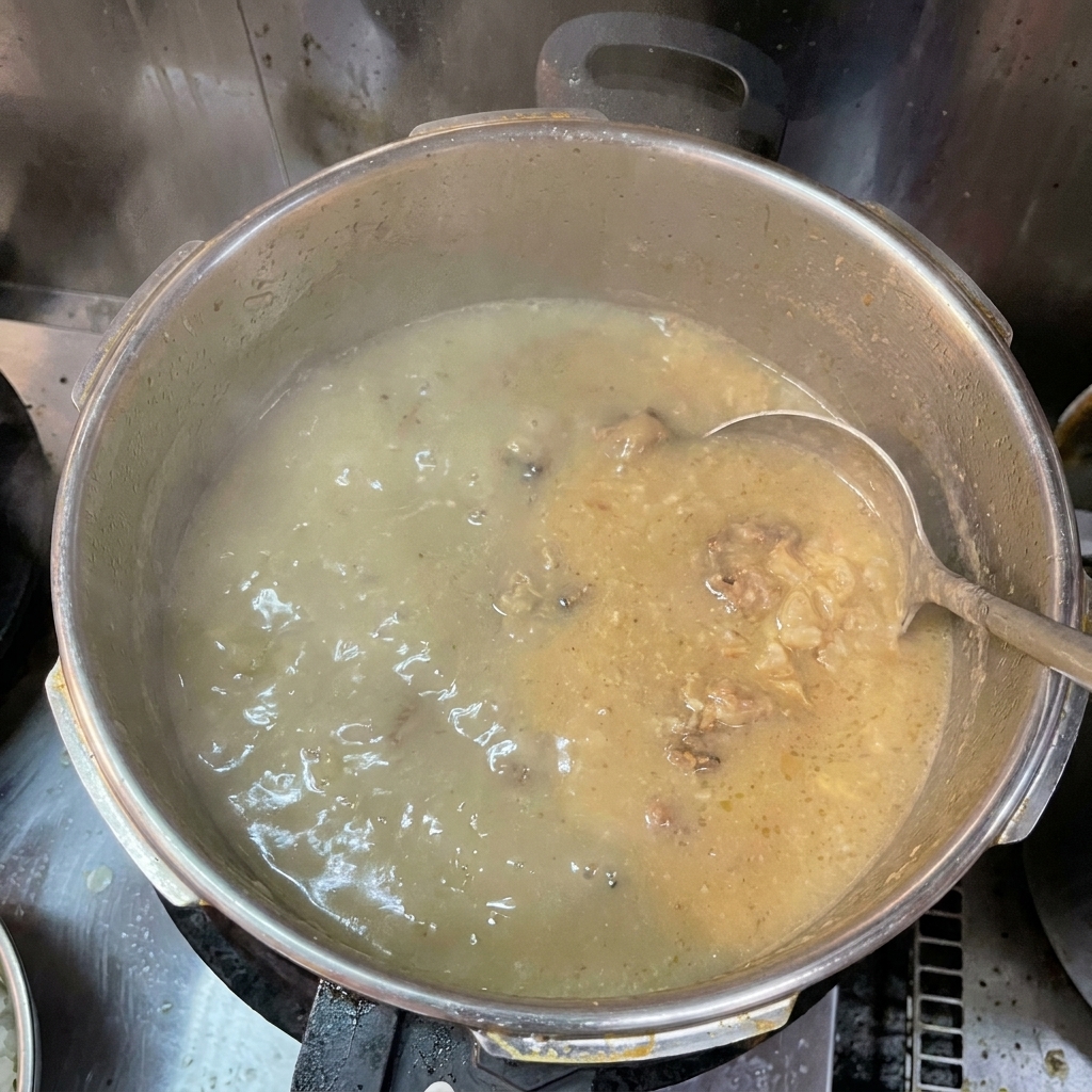 Bouillon de porc épais et opaque bouillant vigoureusement, remué avec une louche.