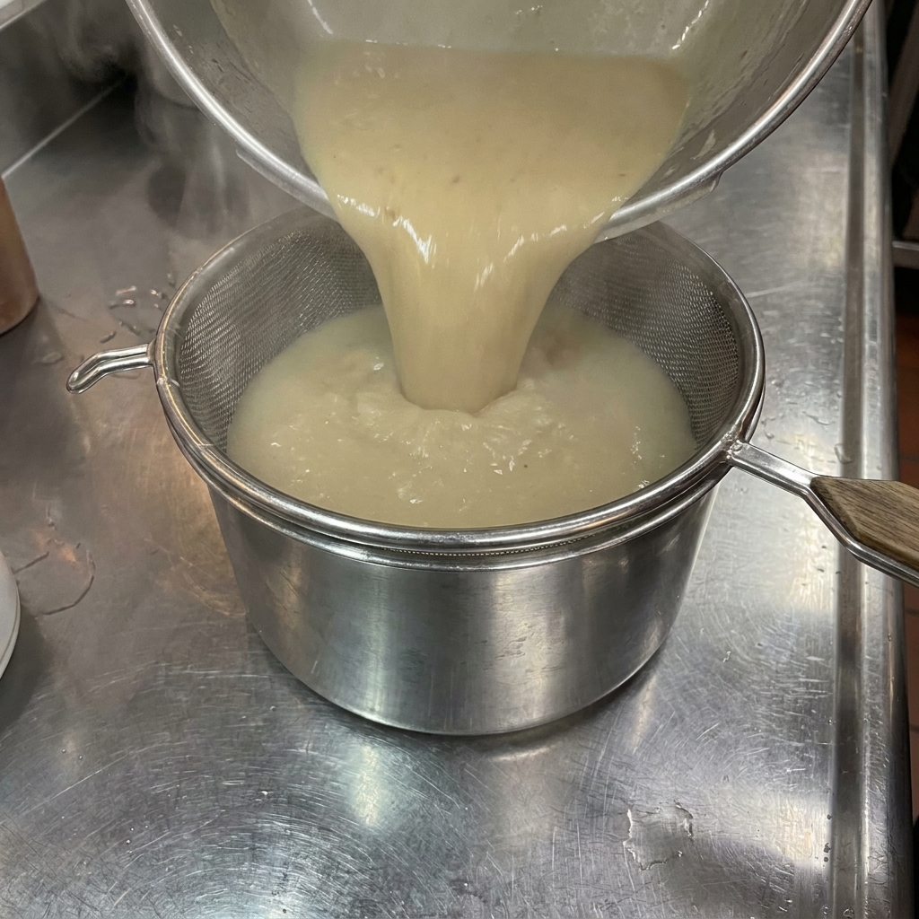 Bouillon Tonkotsu versé à travers un tamis fin dans un bol en inox.