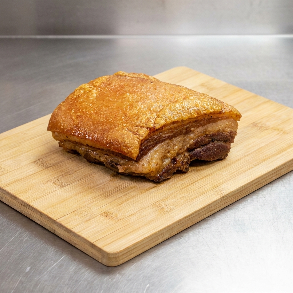 Un bloc de poitrine de porc braisée sur une planche à découper en bois.