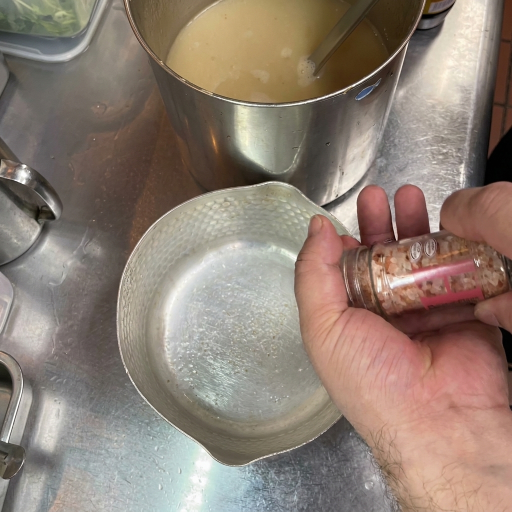 Ajout de sel rose dans une petite casserole à côté du bouillon.