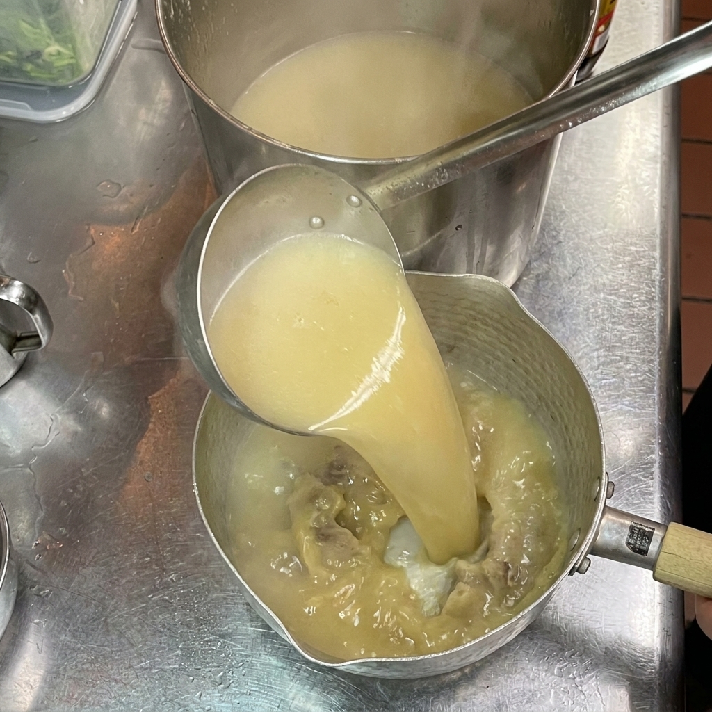 Bouillon crémeux versé à la louche dans un bol contenant lassaisonnement.