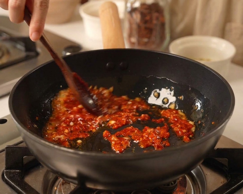 Ajout dune cuillerée de pâte de piment rouge coréen dans la poêle avec lail sauté.