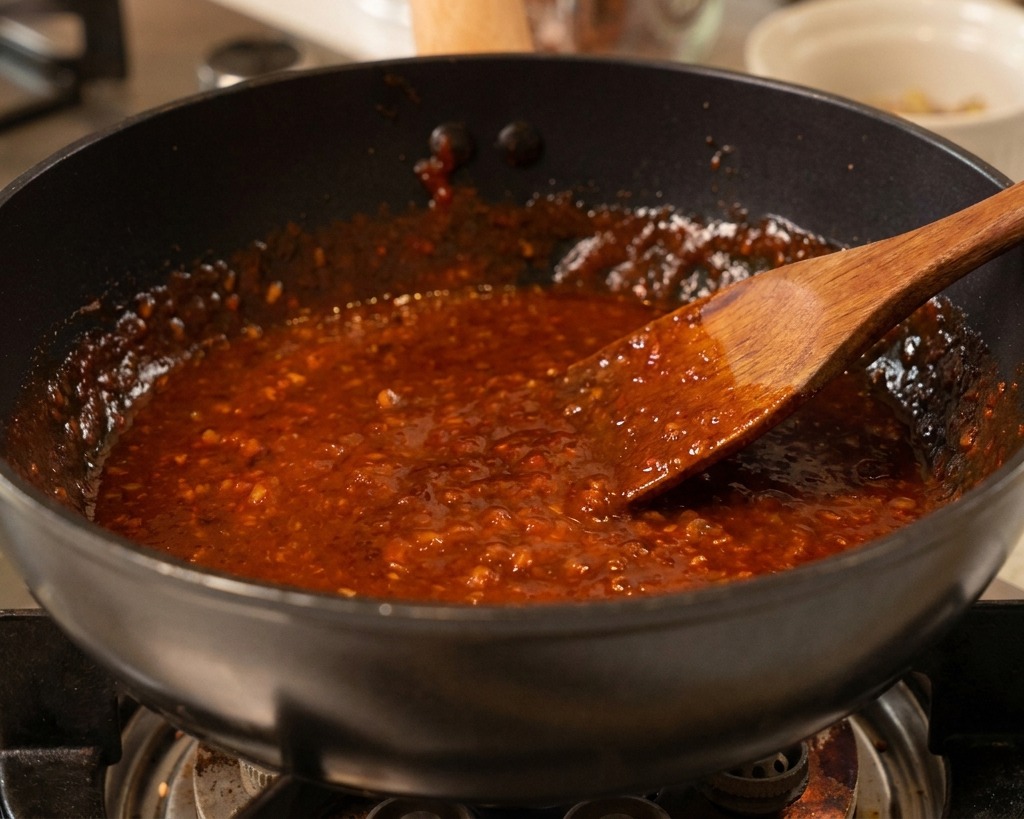 Un glaçage rouge épais et bouillonnant mélangé avec une spatule en bois dans une poêle noire.