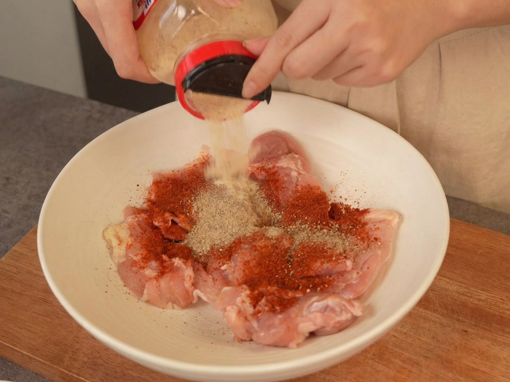 Saupoudrage de poudre dail sur des hauts de cuisse de poulet assaisonnés dans un bol blanc.