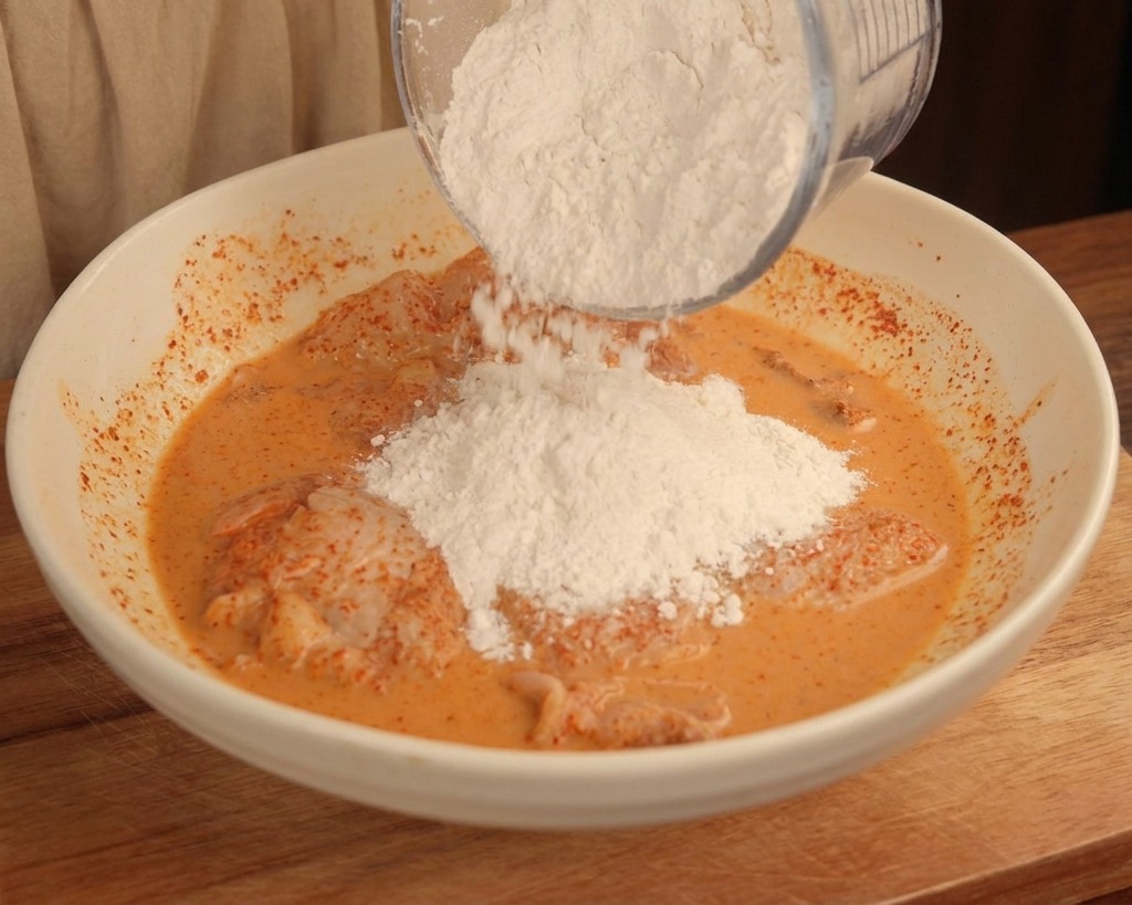 Farine blanche versée sur les hauts de cuisse de poulet marinés dans un bol blanc.