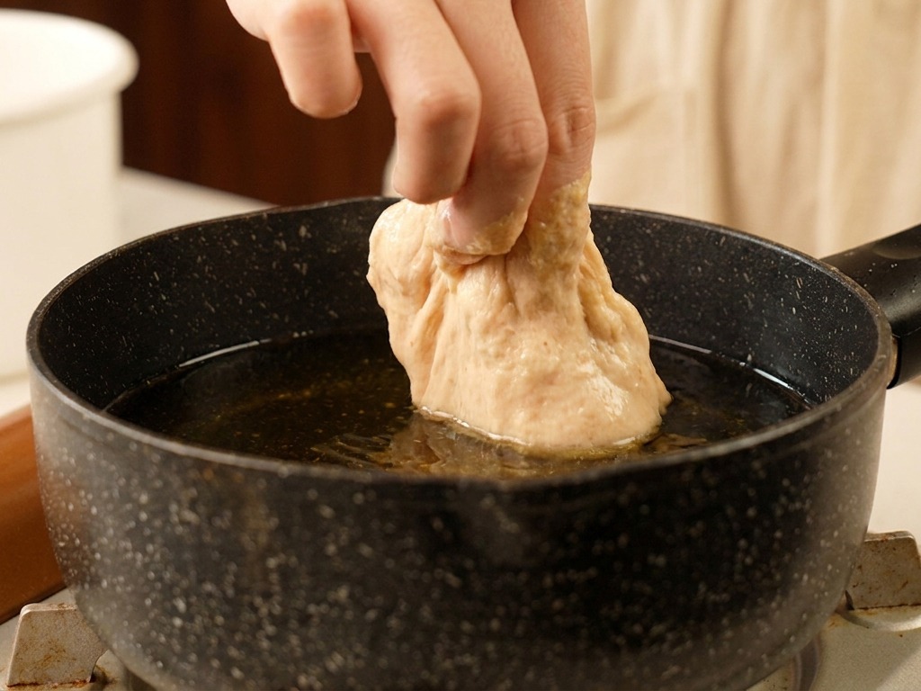 Une main déposant un morceau de poulet pané dans une casserole dhuile bouillante.