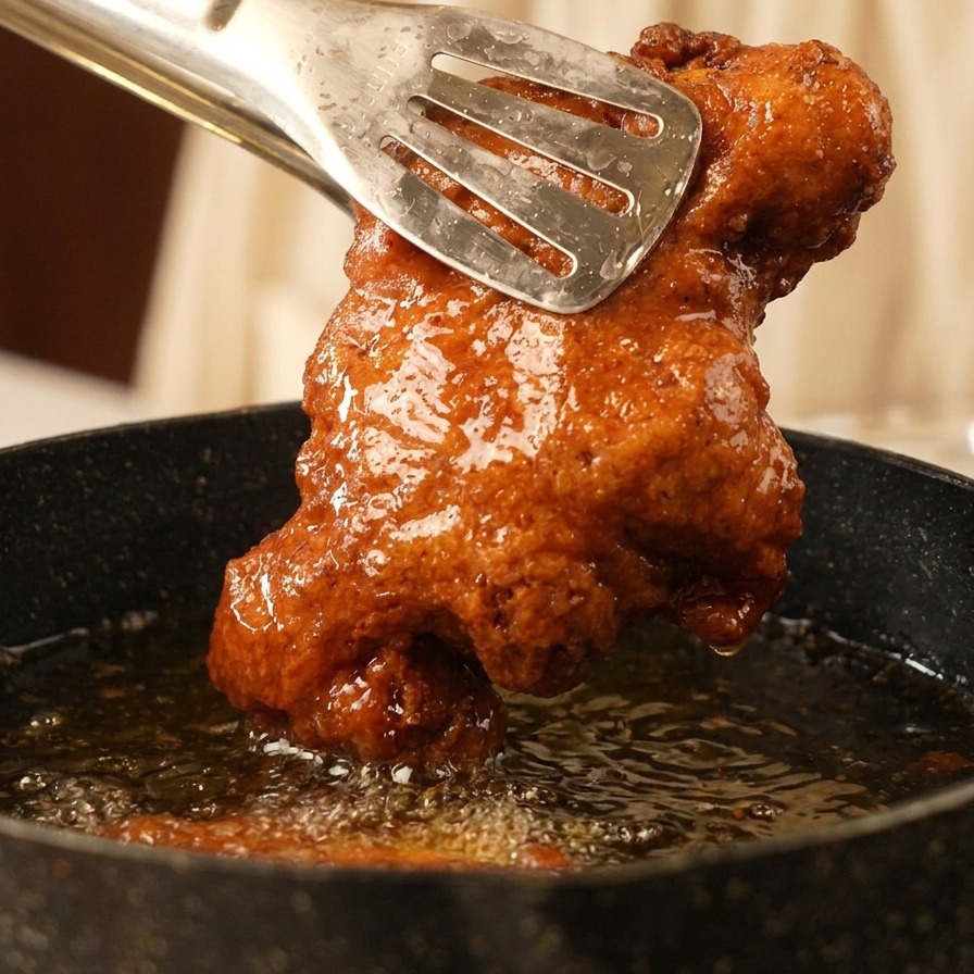 Pinces métalliques tenant un haut de cuisse de poulet frit bien doré au-dessus de lhuile.