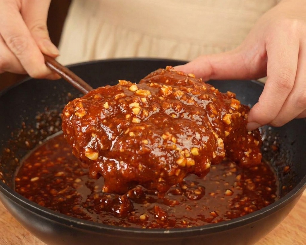 Un morceau de poulet frit enrobé dune sauce rouge brillante parsemée de cacahuètes.