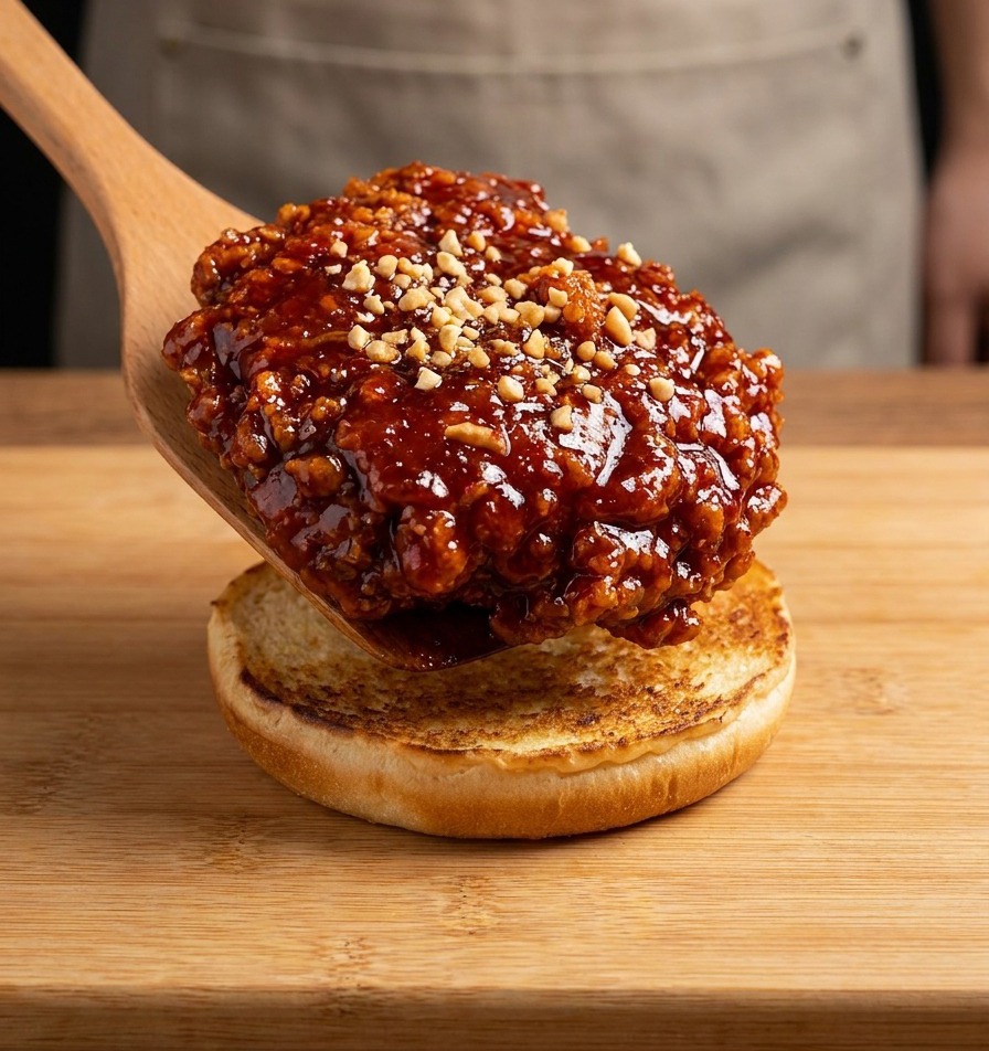 Pose dun large morceau de poulet frit rouge brillant couvert de noix sur un pain burger.