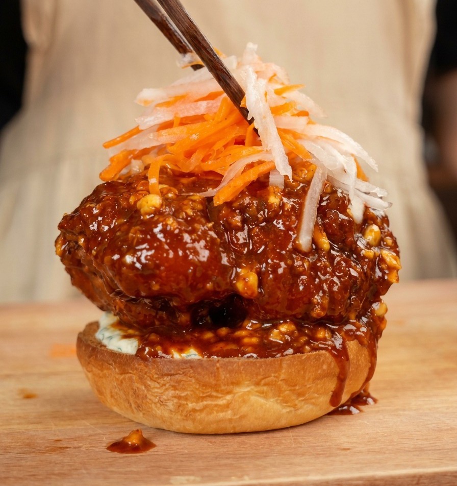 Des baguettes déposant des lanières de carottes orange et de radis blanc sur le burger.