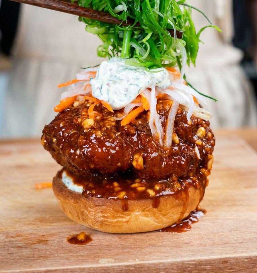 Un burger imposant surmonté dun bouquet doignons verts ciselés en lanières.