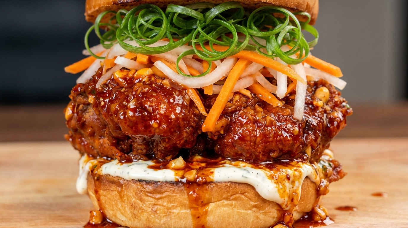 Burger au Poulet Frit Coréen à l'Ail et Sauce Épicée