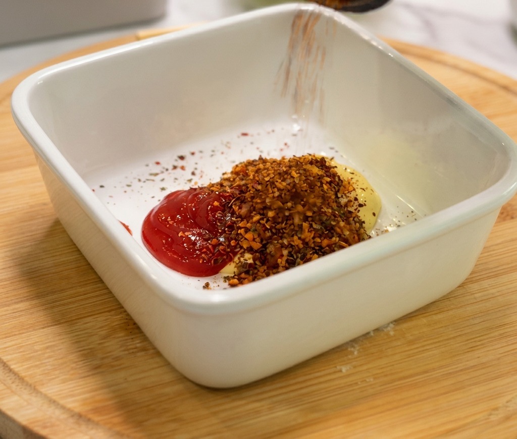 Épices rouges et orangées saupoudrées sur le mélange mayonnaise et ketchup dans un bol.