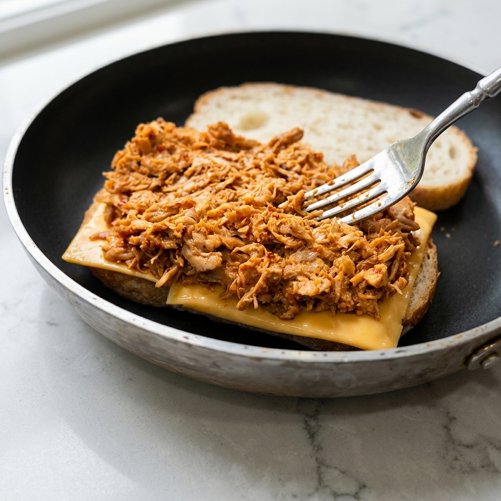 Une fourchette déposant une montagne de poulet effiloché épicé sur le fromage fondu dans la poêle.