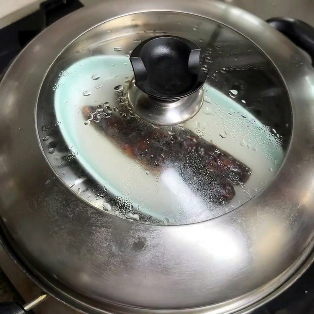 Saucisse chinoise cuite à la vapeur coupée en rondelles sur une planche en bois.