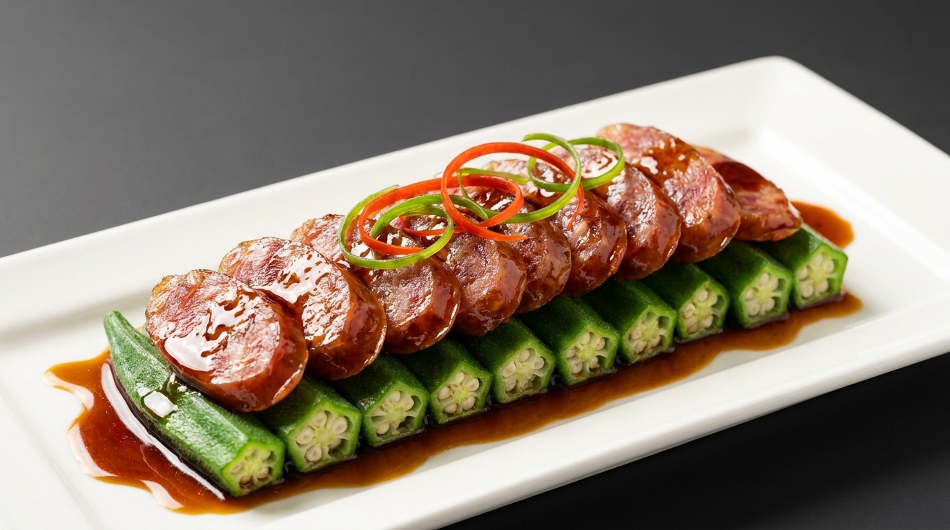 Saucisse chinoise vapeur au gombo (Lạp Xưởng Hấp Đậu Bắp)