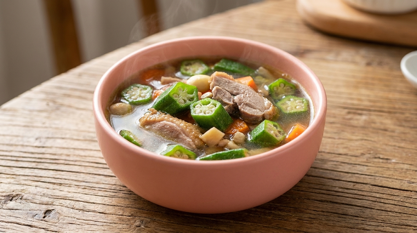 Un bol de soupe nourrissante au gombo et au canard avec un bouillon clair et savoureux.