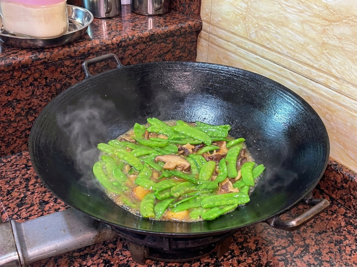 Pois gourmands et saucisse de foie de canard mijotant dans le wok avec une sauce légère.