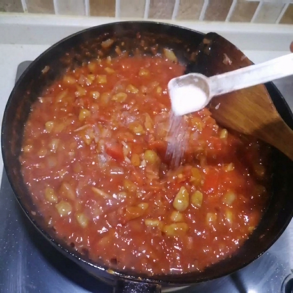 Une cuillère doseuse de sel ajoutée à la sauce rouge onctueuse qui mijote dans la poêle.