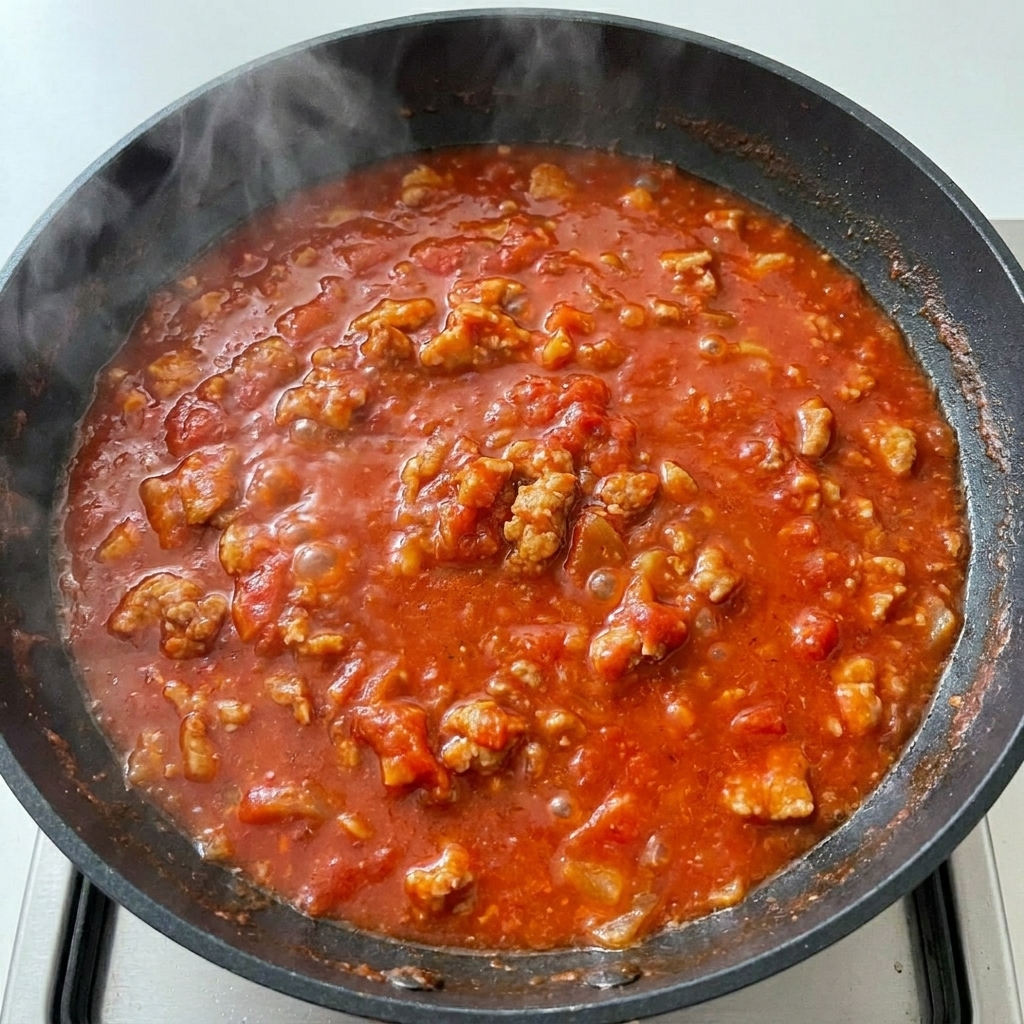 Gros plan sur la sauce tomate frémissante dans la poêle, parsemée de poivre noir fraîchement moulu.