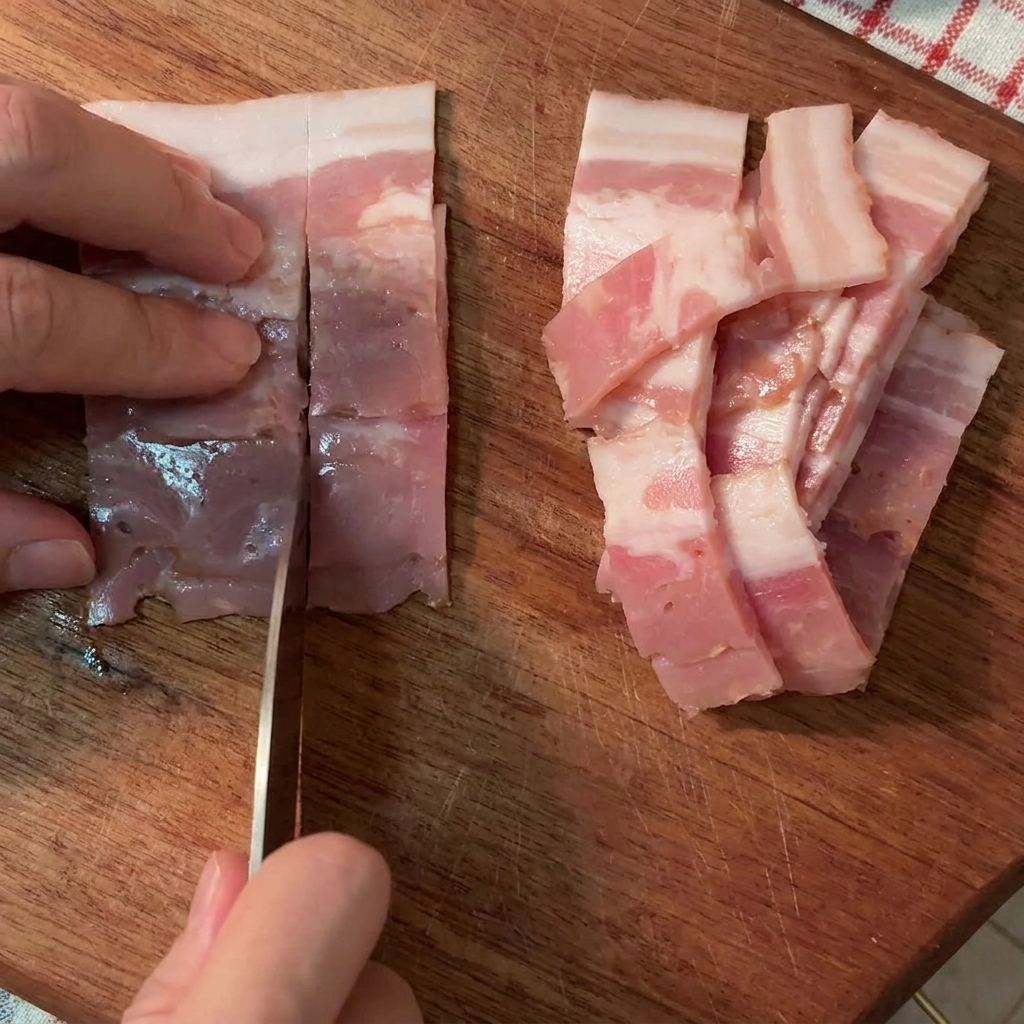Doigts tenant du bacon cru pendant quun couteau le tranche en lamelles régulières sur une planche en bois.