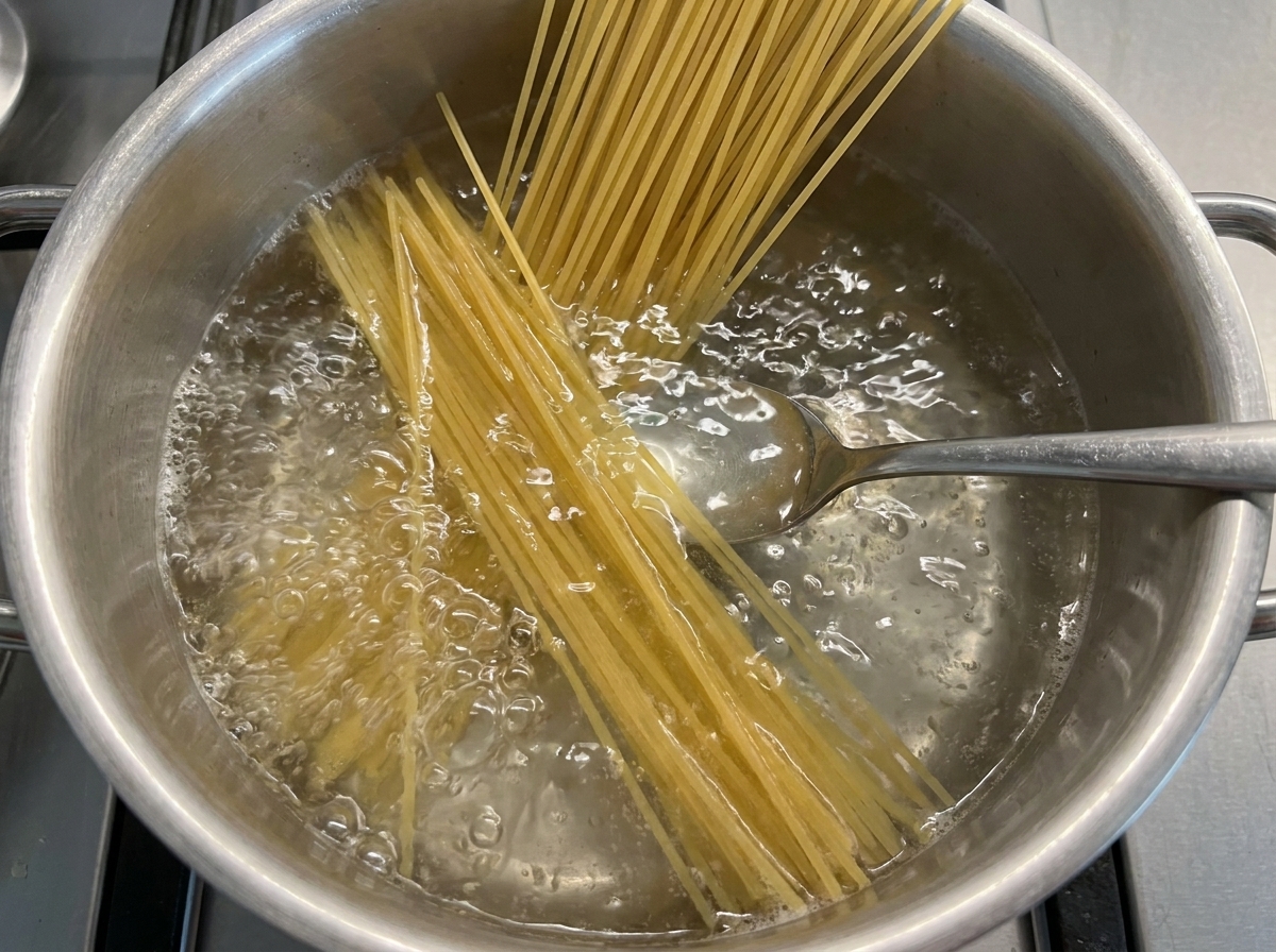 Spaghetti secs plongés dans une casserole deau bouillante bouillonnante avec une cuillère en métal.