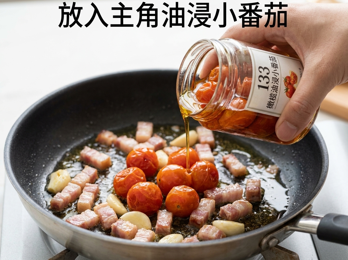 Tomates séchées ajoutées dans une poêle contenant bacon frit et ail.
