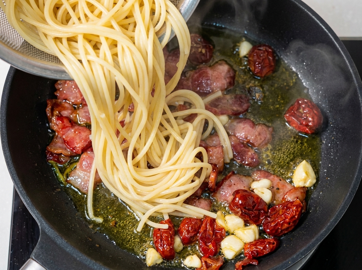 Spaghetti cuits ajoutés dans une poêle avec le bacon, les tomates et lail.