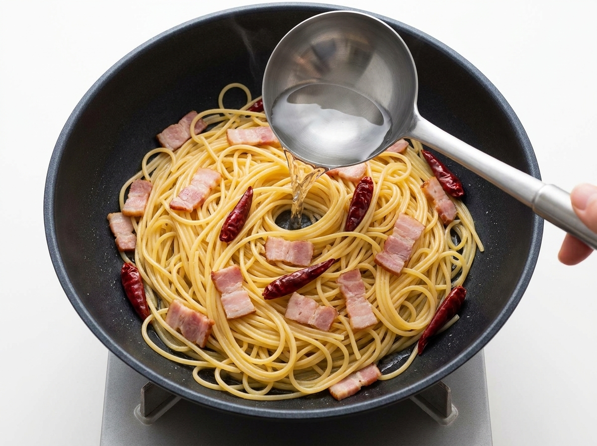Une louche deau de cuisson des pâtes versée sur les spaghetti dans une poêle.