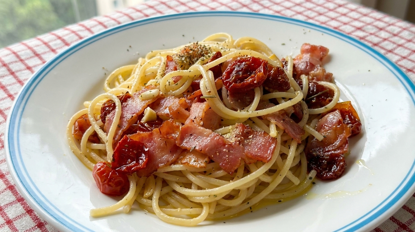 Spaghetti au bacon et tomates séchées servis dans une assiette, agrémentés dherbes fraîches et dun filet dhuile dolive.