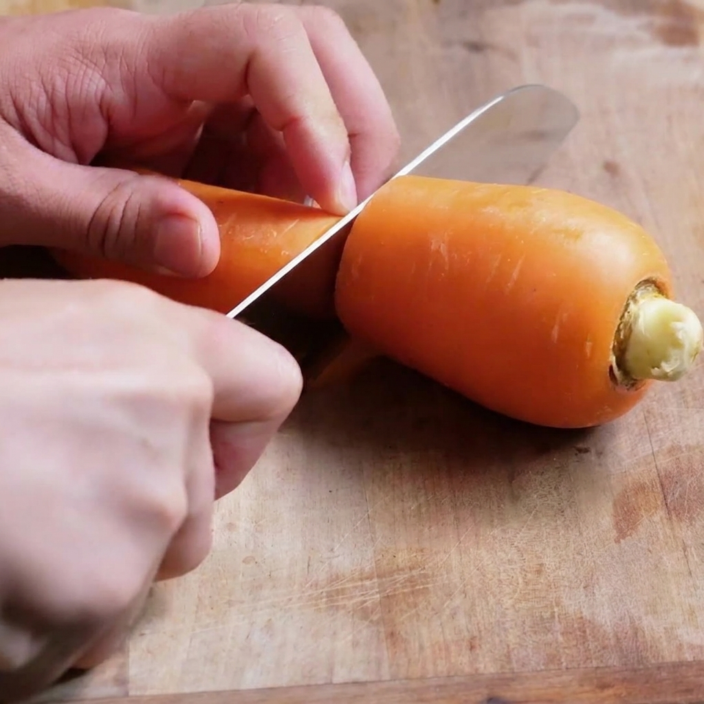 Un couteau bien aiguisé coupant des carottes en petits cubes sur une planche à découper en bois.