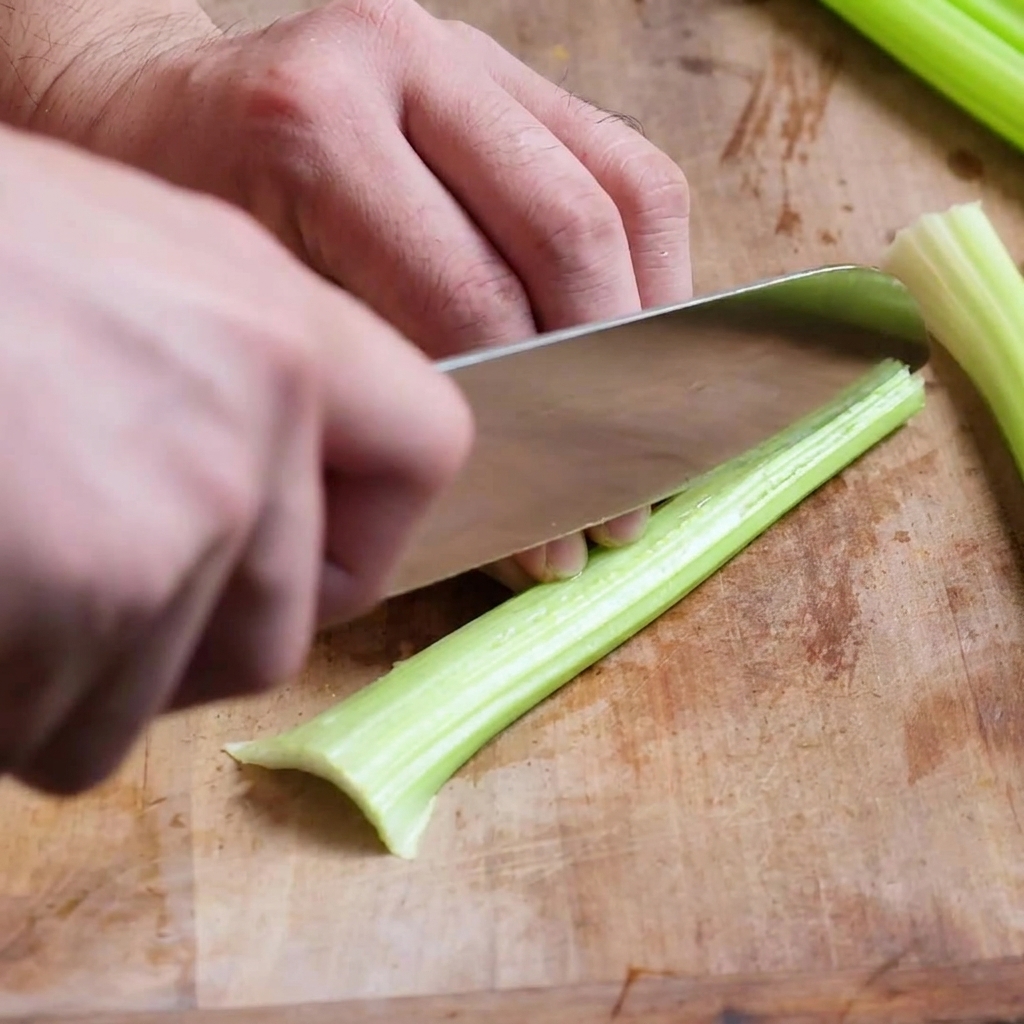 Un tas de carottes, de céleri et doignons finement coupés en dés reposant sur une planche en bois.