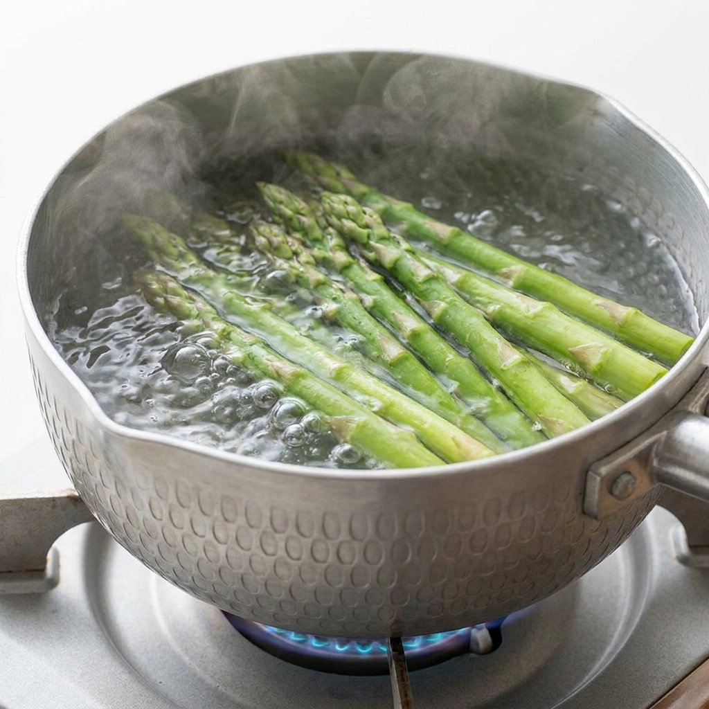 Asperges vertes fraîches blanchies dans une casserole deau bouillante à gros bouillons.