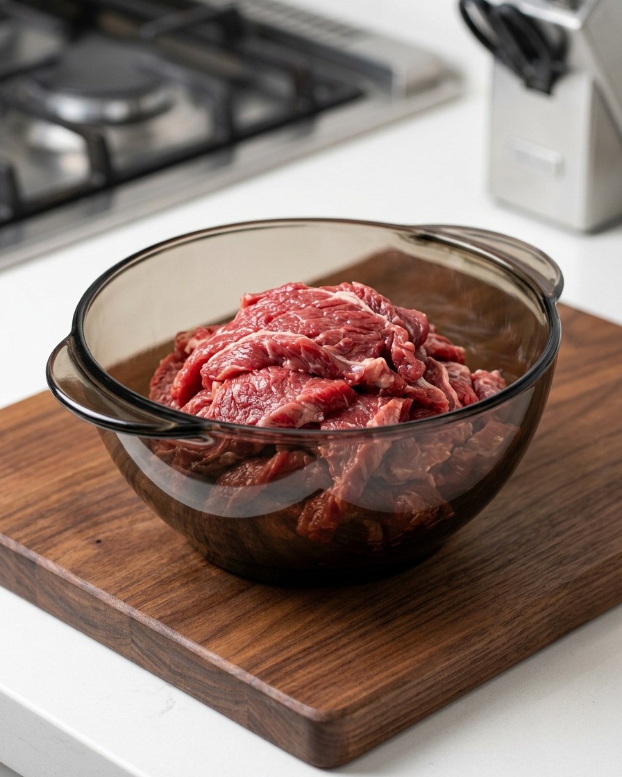 Eau versée dans le bol contenant le mélange de bœuf et de fécule.