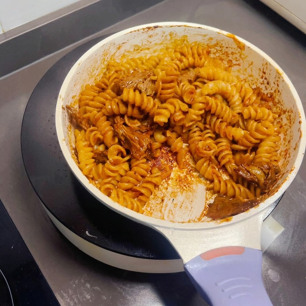 Plat fini de bœuf et pâtes sautés mélangés dans la poêle avec une spatule.