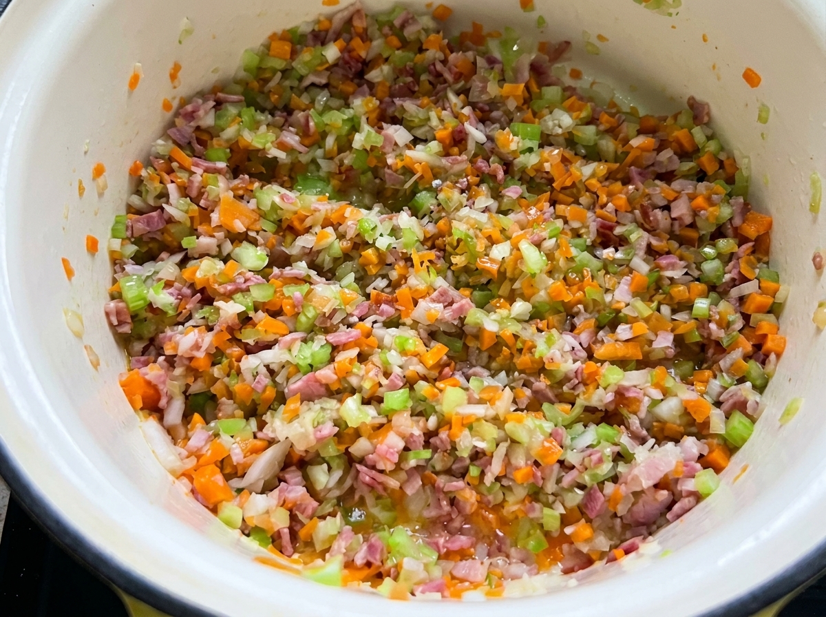 Viande hachée cuisant dans une casserole avec les légumes, remuée par une cuillère en bois.