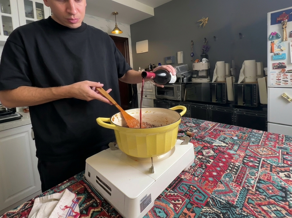 Vin rouge versé dans une grande casserole jaune avec de la viande brune et des légumes.