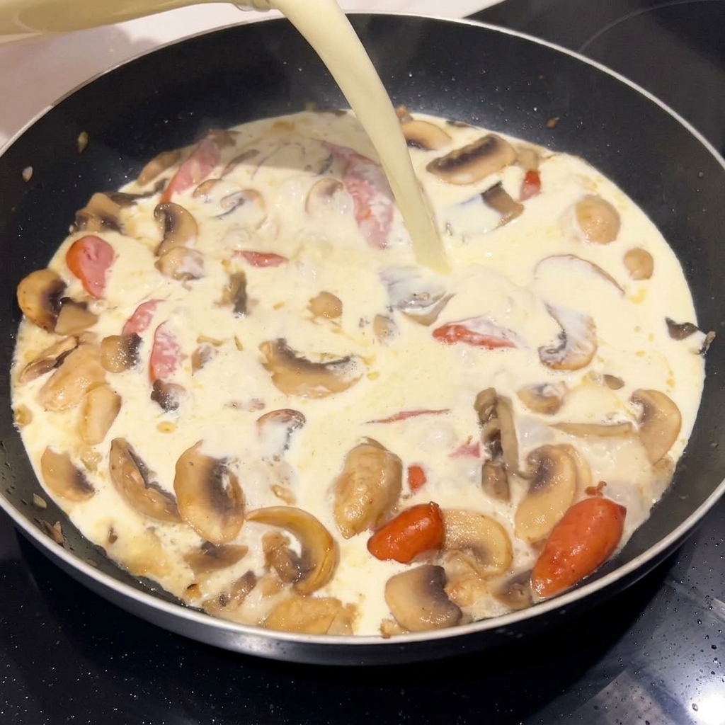 Crème versée dans une poêle avec lail, formant une base onctueuse.