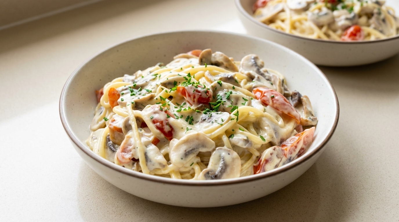 Pâtes crémeuses aux champignons et tomates cerises