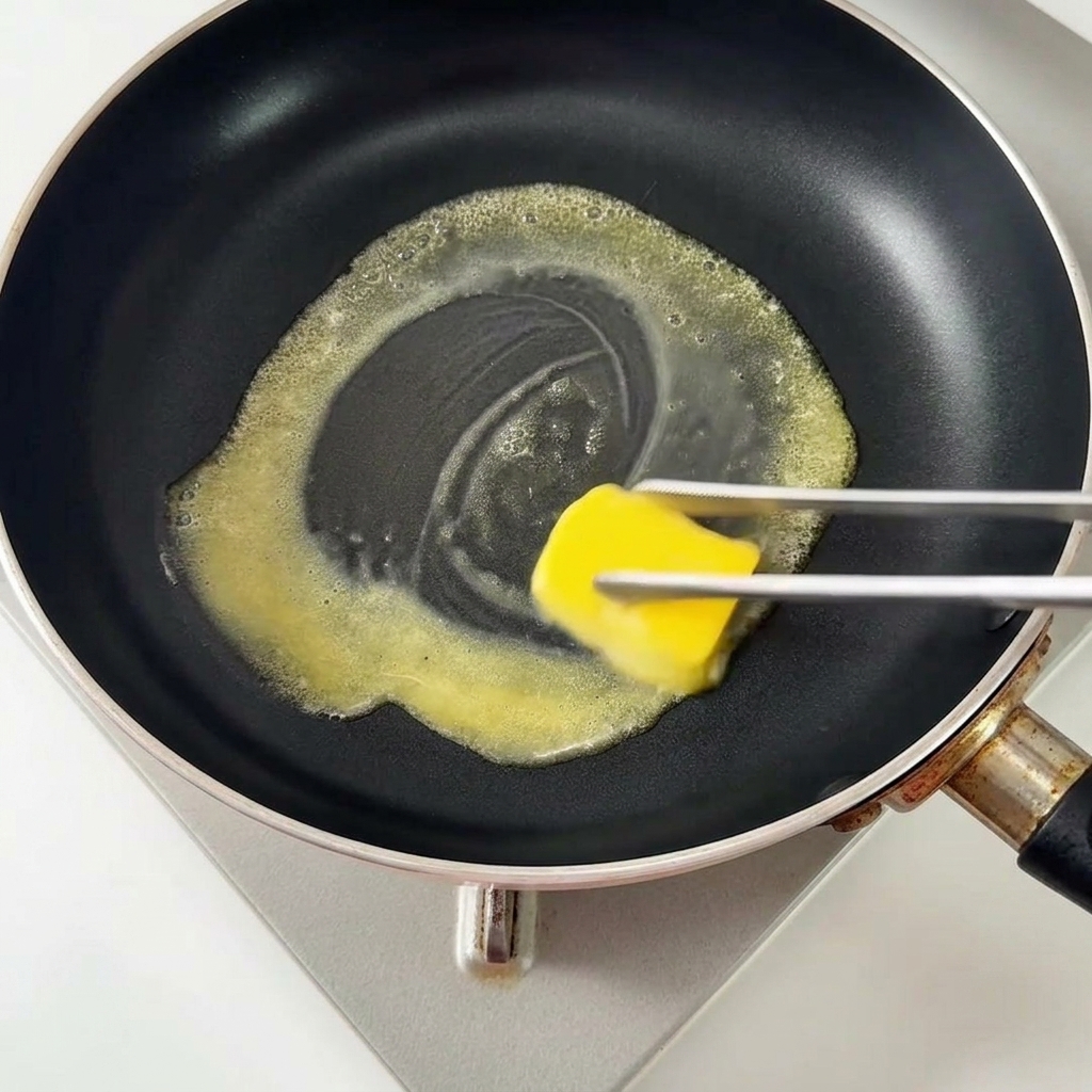 Une noix de beurre fondant dans une poêle antiadhésive noire chaude.